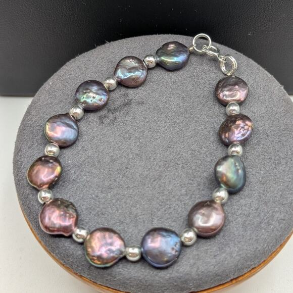 925 Sterling Peacock Coin Pearl Bracelet - Picture 2 of 8